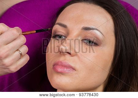 Makeup artist apply makeup on the face of the girl model.
