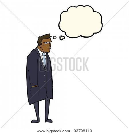 cartoon bad tempered man with thought bubble