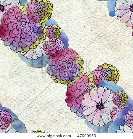 Seamless floral pattern with asters and daisy flowers. Floral watercolor background.