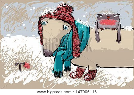 Little Duchshund with Bullfinch and Strawberry Under the Snow. Illustration in sketch style. No effects no gradients.