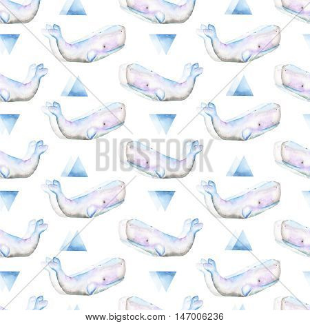 Seamless pattern of the doubly whale and the blue triangle painted in watercolor on a white background