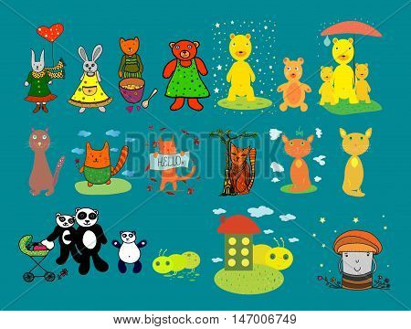 Collection Of Funny Cartoon Different Animals On Colorful Background