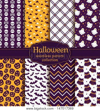 Happy Halloween! Set of seamless backgrounds with pumpkins skulls gloomy owls bats ghosts and abstract geometric patterns. Vector collection in purple orange and white colors.