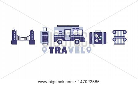 Eurotrip Travel Symbols Set By Five In Line Shades Of Blue Clipart Vector illustration On White Background