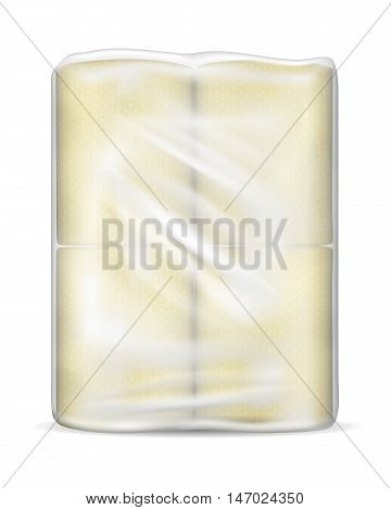 Transparent empty plastic packaging with toilet paper.