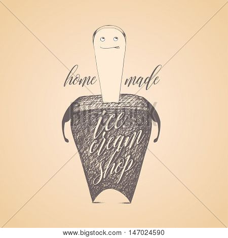 Ice cream vector logo sign emblem. Original design element with graphic chocolate ice cream character with the stick
