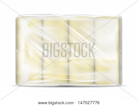 Transparent empty plastic packaging with toilet paper.