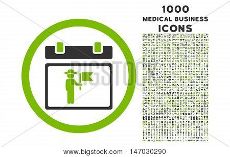 National Holiday Day rounded vector bicolor icon with 1000 medical business icons. Set style is flat pictograms, eco green and gray colors, white background.