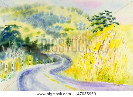Watercolor landscape original painting colorful of mountain and emotion in sky background