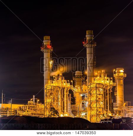 Power plant Working At Night, at Thailand . close up