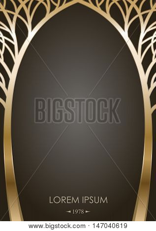 Cover of silhouettes stylized golden trees in the form of an arch with graphic templates for greeting cards labels. Forged or cast gates in fairy-tale style. Vector graphics
