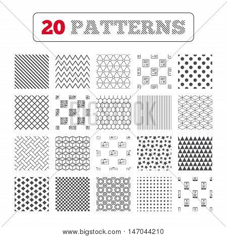 Ornament patterns, diagonal stripes and stars. QR scan code in smartphone icon. Boarding pass flight sign. Identity ID card badge symbol. Geometric textures. Vector