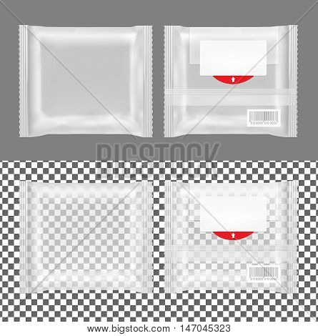 Transparent package with flap for snacks food chips cheese and spices.
