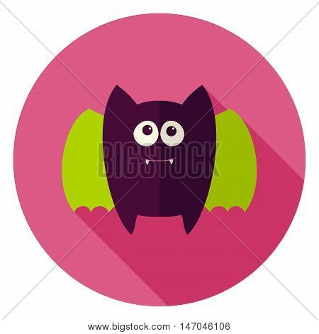 Cute Bat Circle Icon. Flat Design Vector Illustration with Long Shadow. Happy Halloween Symbol.