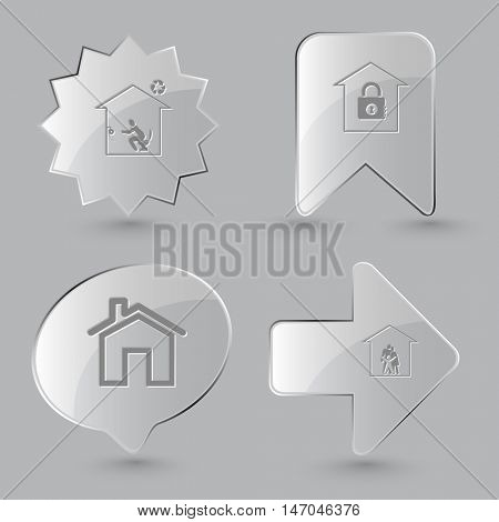 4 images: home toilet, bank, family. Home set. Glass buttons on gray background. Vector icons.
