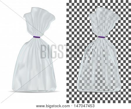 Transparent blank foil or paper packaging isolated on white background. Sachet for bread coffee sweets cookies and gift.