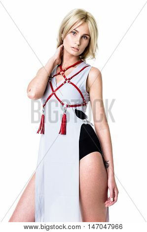 Blonde girl wearing dress and red leather belt