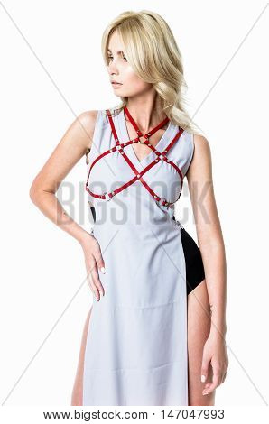 Blonde girl wearing dress and red leather belt