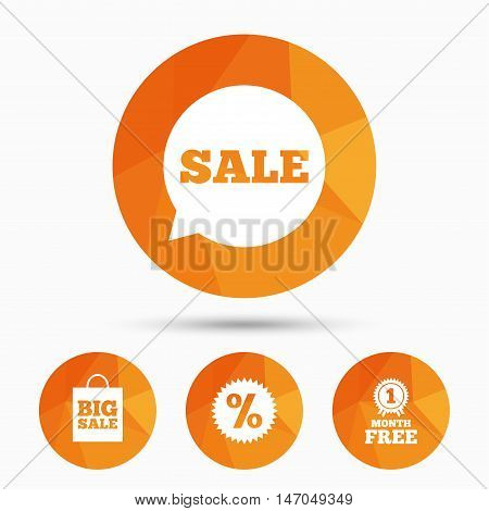 Sale speech bubble icon. Discount star symbol. Big sale shopping bag sign. First month free medal. Triangular low poly buttons with shadow. Vector