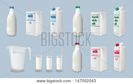 Milk carton and bottle glass of milk. Packaging and glassware.