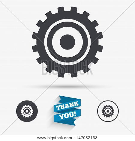 Cog settings sign icon. Cogwheel gear mechanism symbol. Flat icons. Buttons with icons. Thank you ribbon. Vector