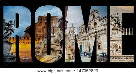 Word Rome with famous roman sights isolated on a white background