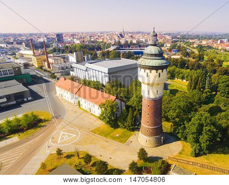 Aerial view to Pilsener brewery and medieval center of Pilsen. Here's place of production most known beer on the world. Food Industry in Czech Republic, Central Europe.