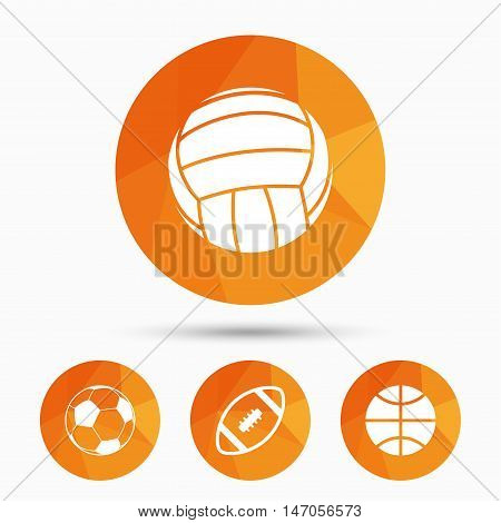 Sport balls icons. Volleyball, Basketball, Soccer and American football signs. Team sport games. Triangular low poly buttons with shadow. Vector