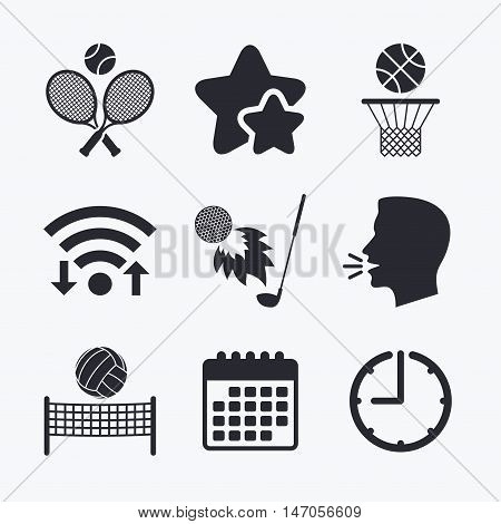 Tennis rackets with ball. Basketball basket. Volleyball net with ball. Golf fireball sign. Sport icons. Wifi internet, favorite stars, calendar and clock. Talking head. Vector