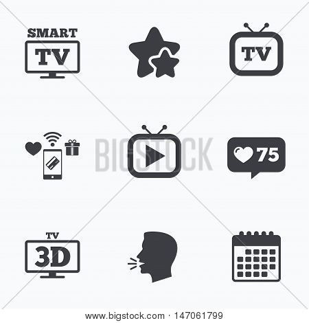 Smart 3D TV mode icon. Widescreen symbol. Retro television and TV table signs. Flat talking head, calendar icons. Stars, like counter icons. Vector