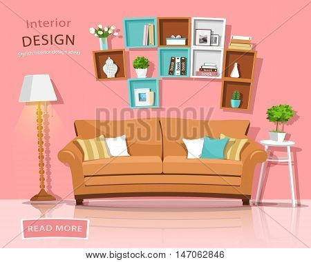 Living room interior design with couch, lamp and shelves. Funny style furniture set. Vector illustration.