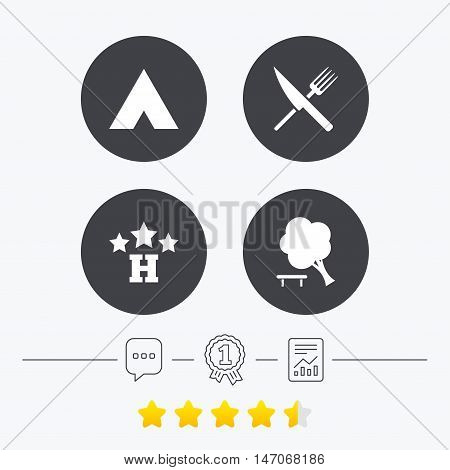 Food, hotel, camping tent and tree icons. Knife and fork. Break down tree. Road signs. Chat, award medal and report linear icons. Star vote ranking. Vector