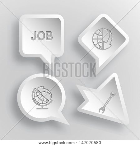 4 images: job, globe and array down,  and arrow, spanner. Business set. Paper stickers. Vector illustration icons.