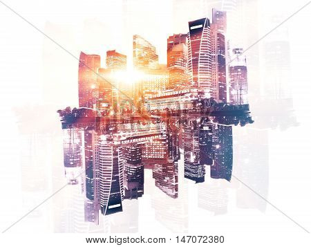 Reflected upside down city with abstract sunlight on light background. Double exposure