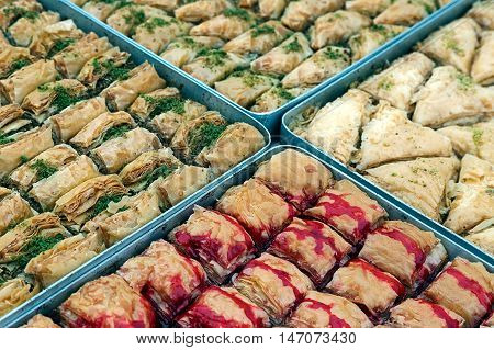 Different homemade pies arranged to be served.