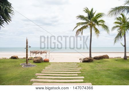 walkpath in sand beach resort with green plant