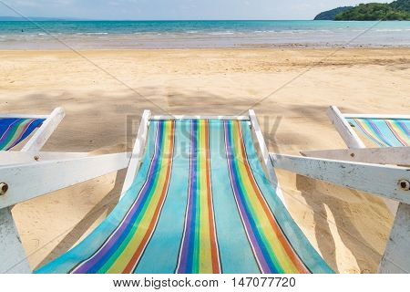 top view of canvas beach bed on the beach with nice sky and cloud