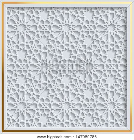 Beautiful islamic girih pattern background. Three dimensional like girih pattern in golden frame