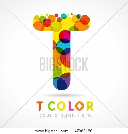 Letter T name logotype. Isolated colour emblem. Stained glass pattern graphic template. Multicolored bunch. Corporate soft branding identity. Vector mosaic texture, trendy modern fizzy bright label.