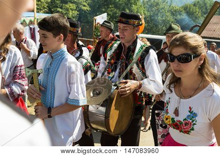 4 September 2016. Rakhiv Transcarpathian region Ukraine. Celebration - Festival Hutsul brynza . Colorful procession - parade of people dressed in national costumes. Preservation of traditions .