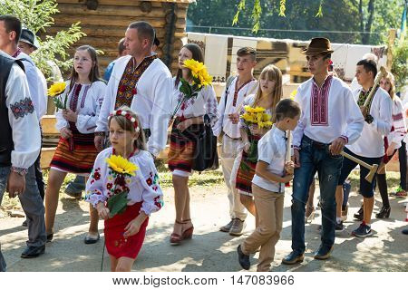 4 September 2016. RakhivTranscarpathian region Ukraine. Celebration - Festival Hutsul brynza . Colorful procession - parade of people dressed in national costumes. Preservation of traditions and crafts manufacturing of cheese national food drinks.