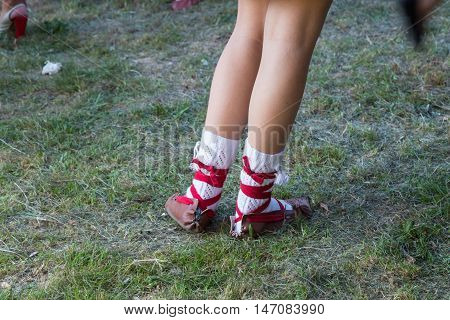 National Hutsul homemade shoes on girl feet