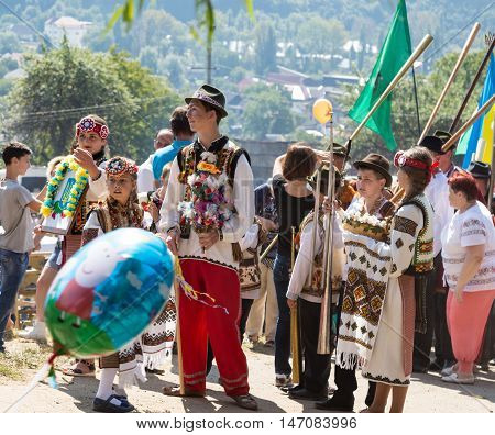 4 September 2016. RakhivTranscarpathian region Ukraine. Celebration - Festival Hutsul brynza . Colorful procession . Preservation of traditions and crafts cheese manufacturing national food and drinks. Children continue national traditions