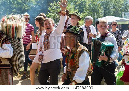 4 September 2016. Rakhiv Transcarpathian region Ukraine. Celebration - Festival Hutsul brynza - the shepherds and the sheep return from the mountains. Colorful procession - parade of people dressed in national costumes.
