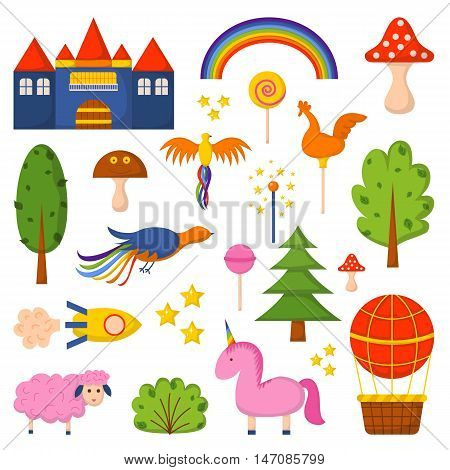Vector illustration with cute colorful cartoon fantasy world: rockets castle trees unicorn balloon amanita. Children book cartoon cover or illustration. Vector icons. Fantasy dream world template