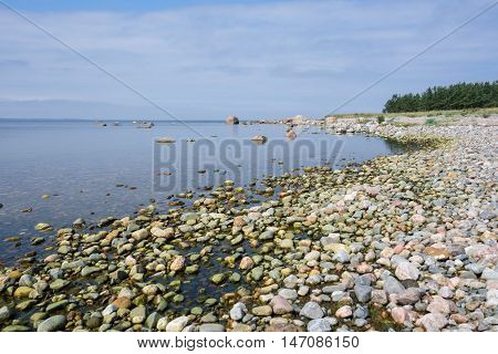 Rocky beach in summer. Seaside natural environment. White clouds blue sky and sea coast forest in background. Shore in Koipsi Island Estonia Europe