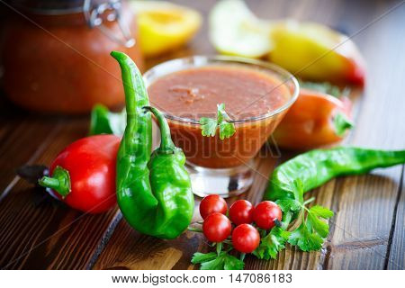 Adjika sauces from fresh vegetables with hot pepper