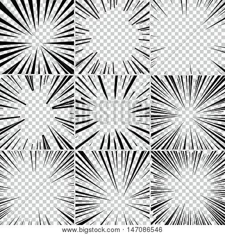 Comic book superhero pop art style black and white radial lines background. Manga or anime speed frame. Big collection of Explosion.