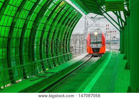 MOSCOW, RUSSIA - SEPTEMBER 13, 2016:  Central Circle Line MCC Lastochka train at the station Delovoj centr