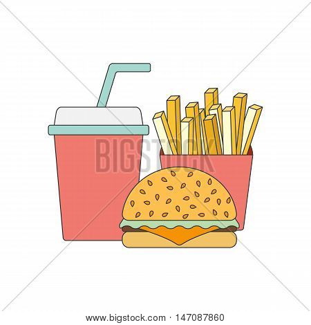 Vector american food concept. Fast food cafe restaurant. Flat objects: burger french fries soda. Junk unhealthy eating. Obesity concept flat infographics. American cuisine flat line vector template